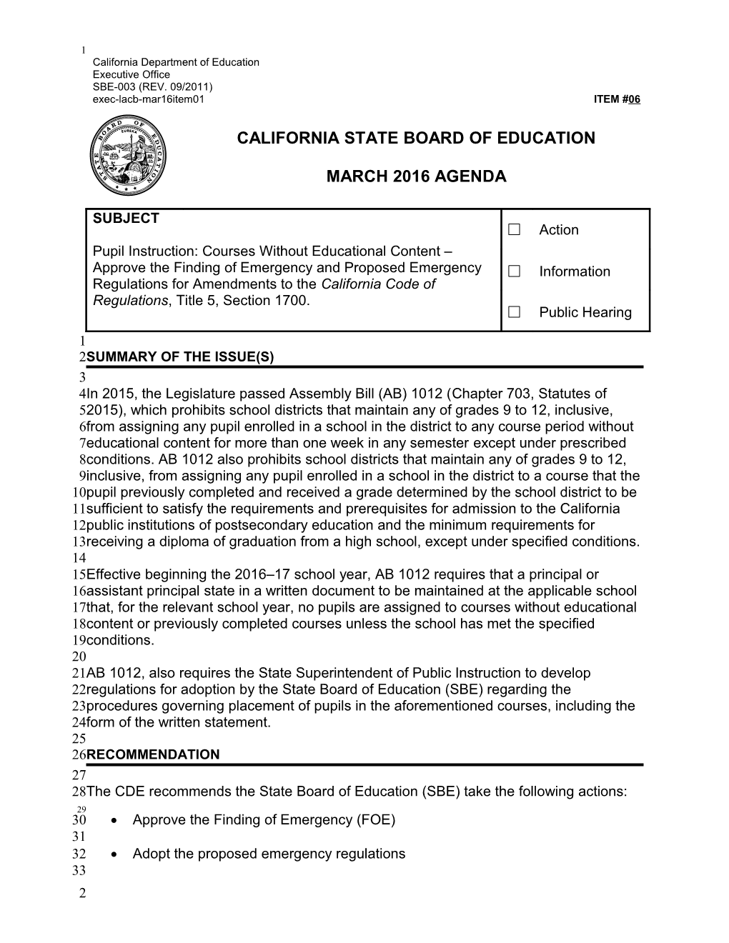 March 2016 Agenda Item 06 - Meeting Agendas (CA State Board of Education)