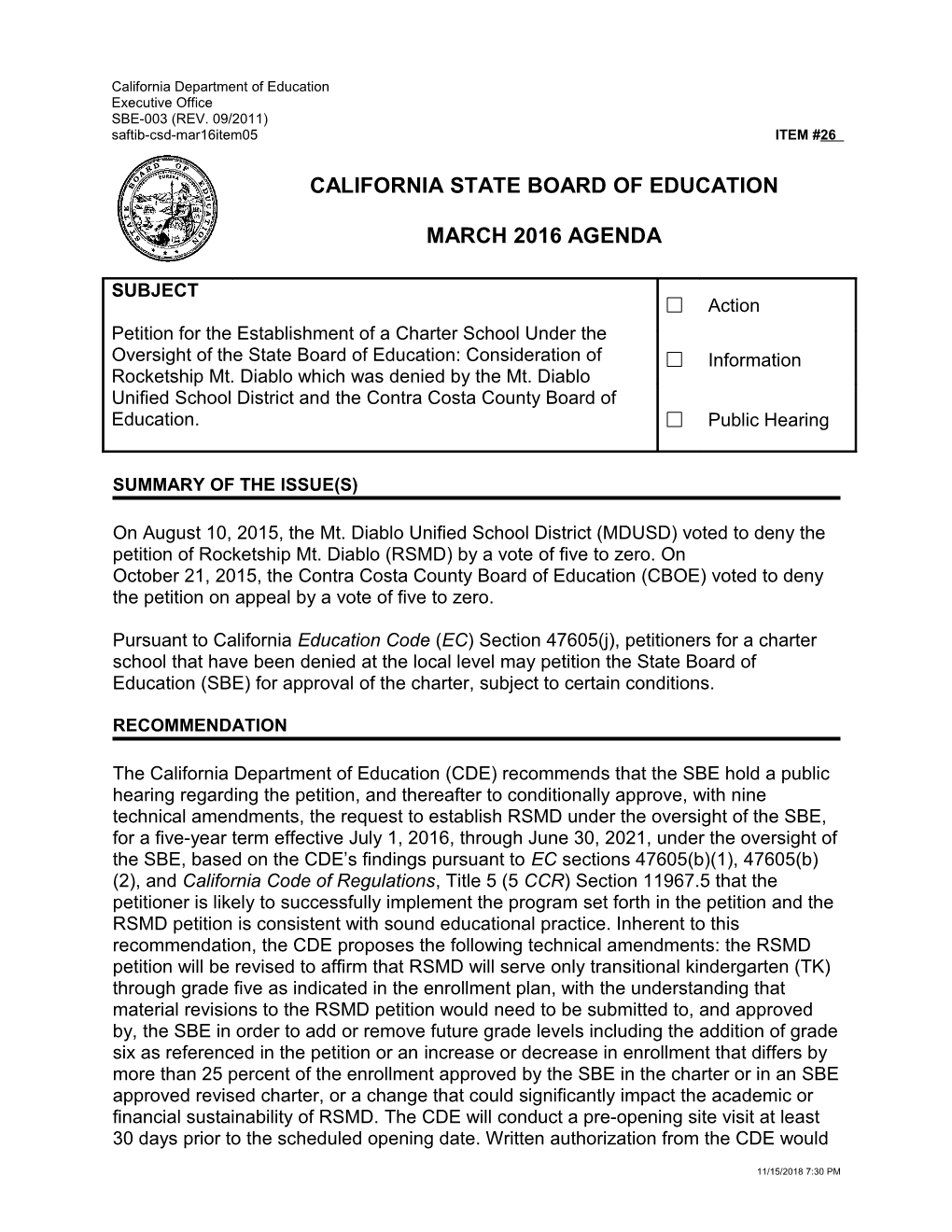 March 2016 Agenda Item 26 - Meeting Agendas (CA State Board of Education)