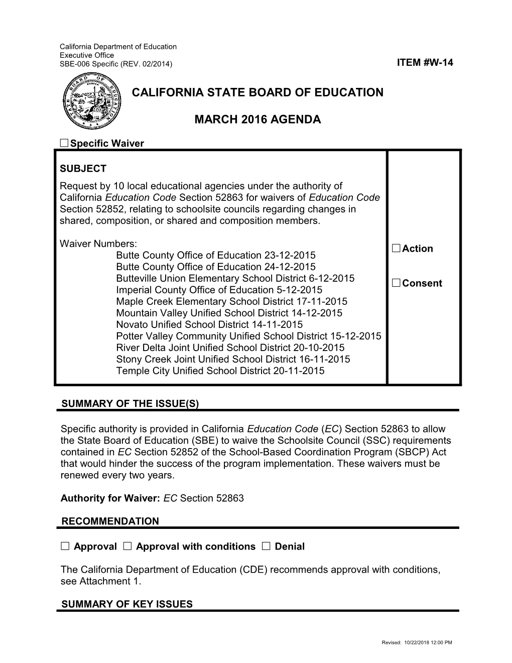 March 2016 Waiver Item W-14 - Meeting Agendas (CA State Board of Education)