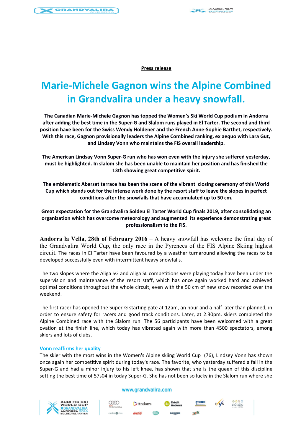 Marie-Michele Gagnon Wins the Alpine Combined in Grandvalira Under a Heavy Snowfall