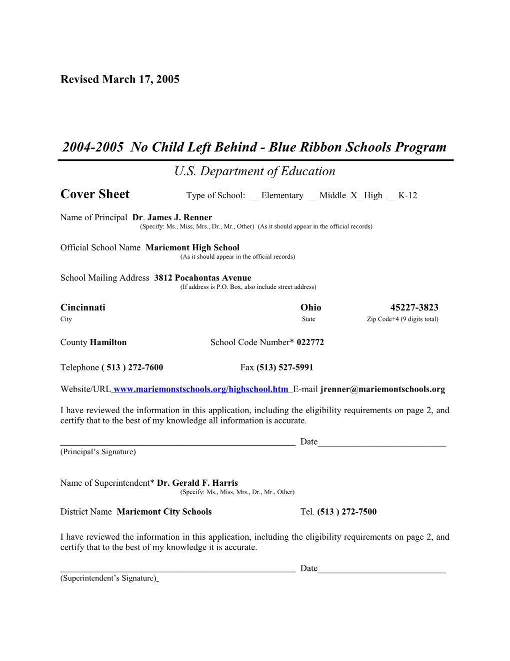 Mariemont High School Application: 2004-2005, No Child Left Behind - Blue Ribbon Schools
