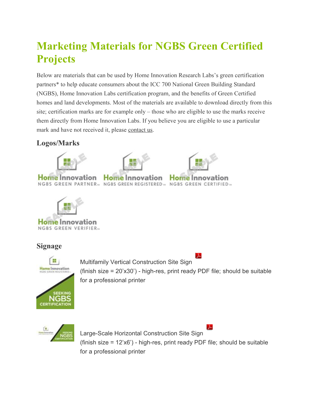 Marketing Materials for NGBS Green Certified Projects