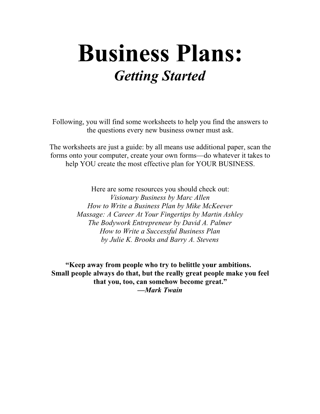 Marketing Plan Worksheets