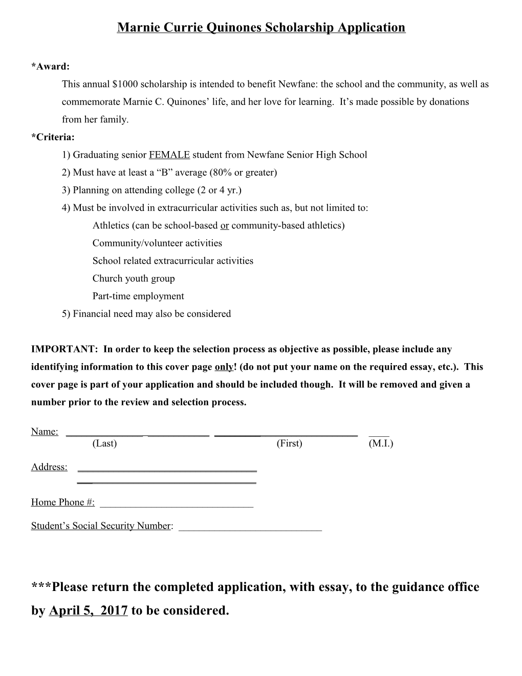 Marnie Currie Quinones Scholarship Application
