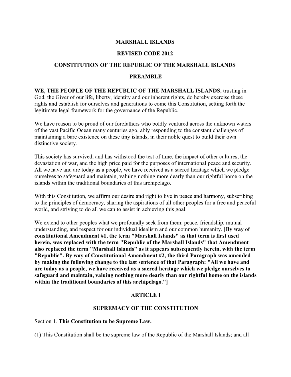 Marshall Islands Revised Code 2012 Constitution of the Republic of the Marshall Islands