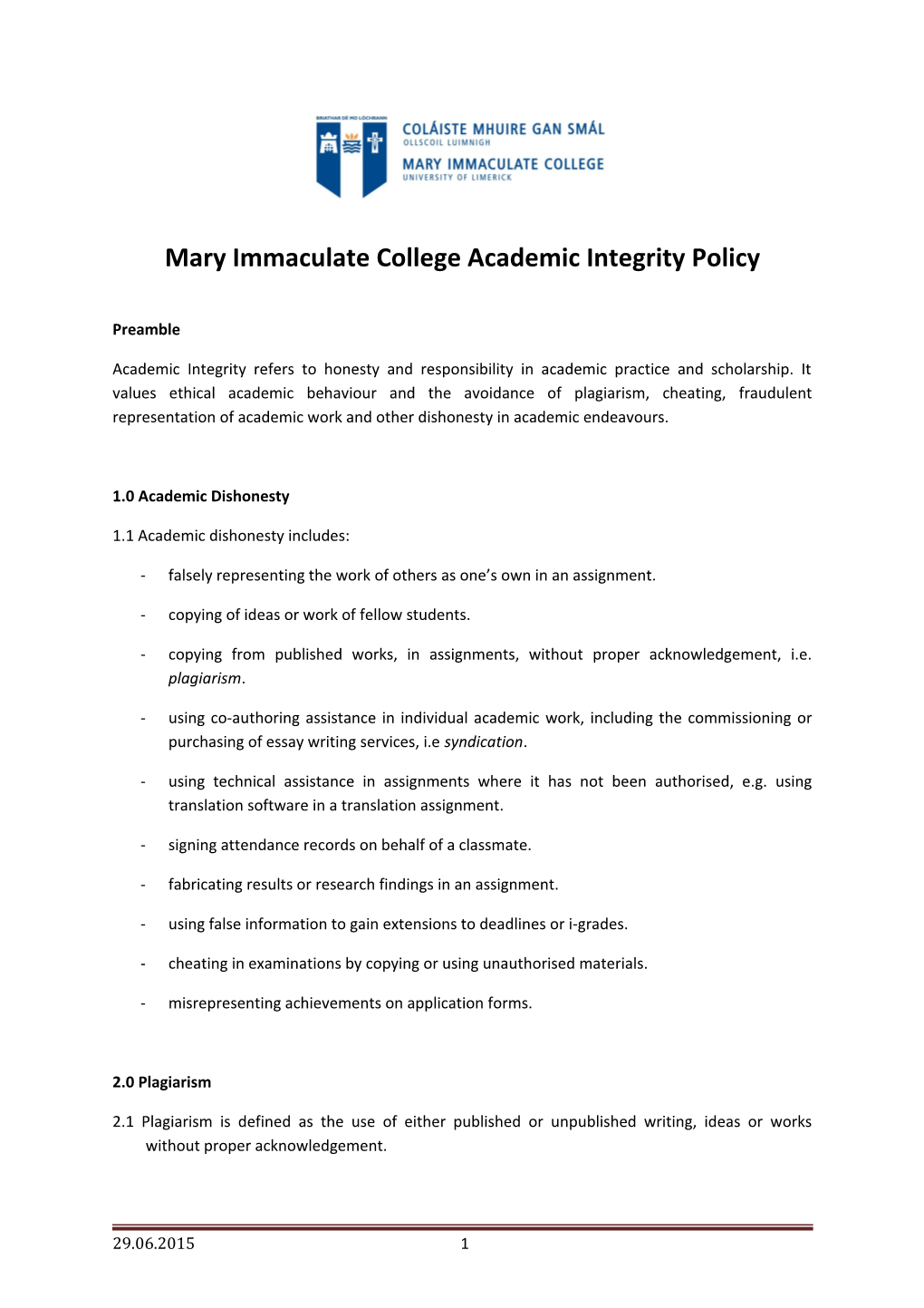 Mary Immaculate College Academic Integrity Policy