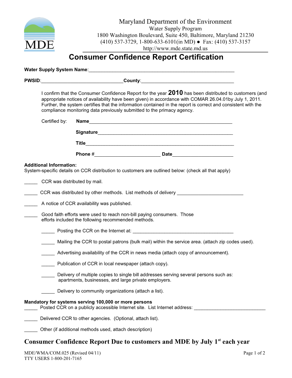 MARYLAND DEPARTMENT of the ENVIRONMENT CCR Cert Form