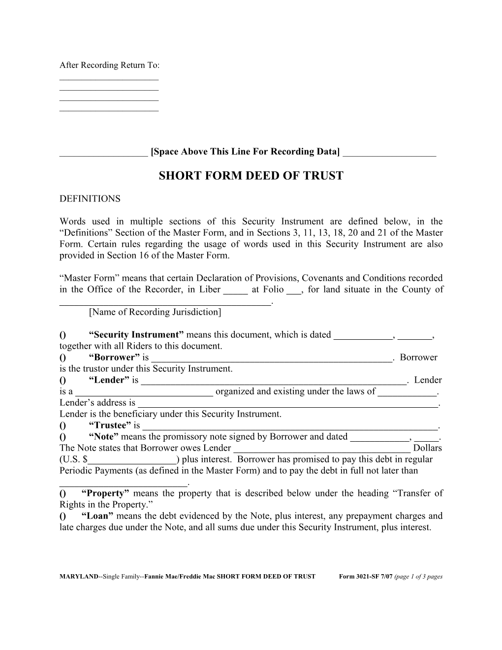 Maryland Security Instrument (Form 3021Sf): Word