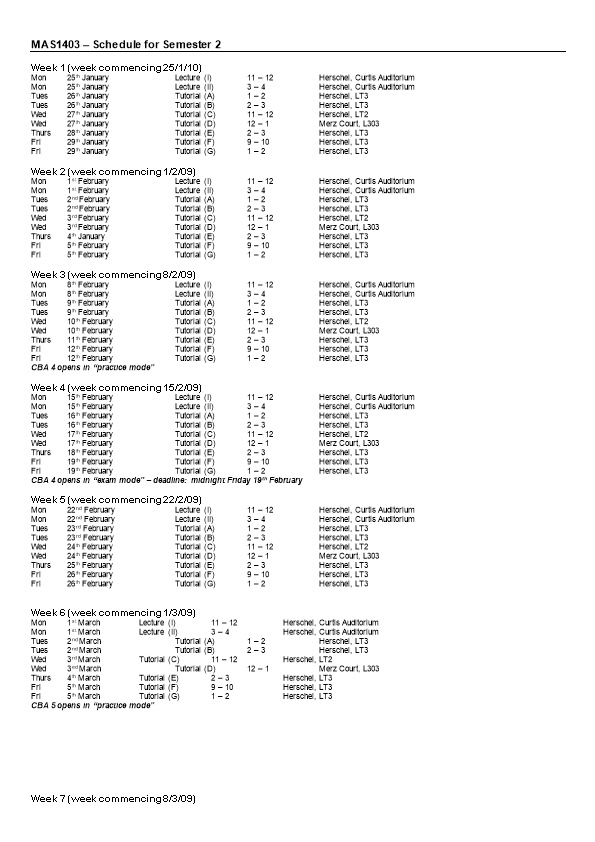 MAS1403/ACE2013 Schedule for Semester 1