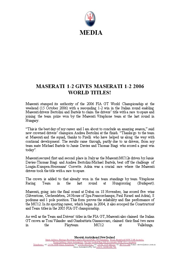 Maserati 1-2 Gives Maserati 1-2 2006 World Titles!