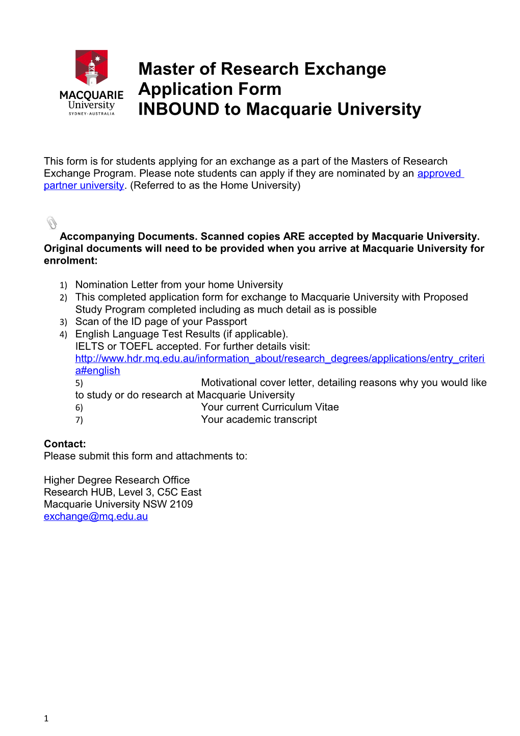 Master of Research Exchange Application Form INBOUND to Macquarie University