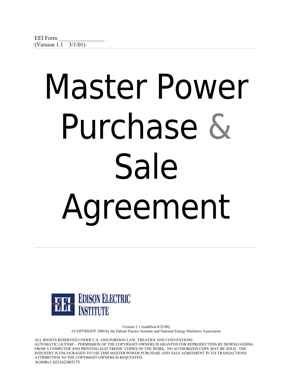 Master Power Purchase Sale Agreement