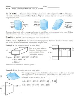 Math 7 Notes Volume & Surface Area of Prisms