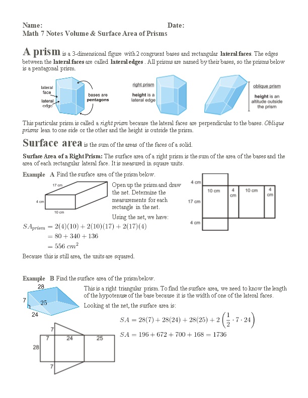 Math 7 Notes Volume & Surface Area of Prisms