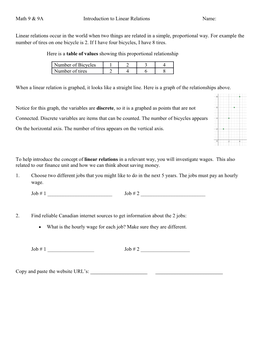 Math 9 & 9A Introduction to Linear Relationsname