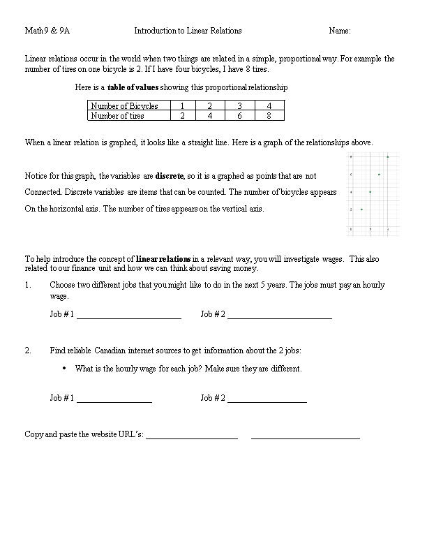 Math 9 & 9A Introduction to Linear Relationsname