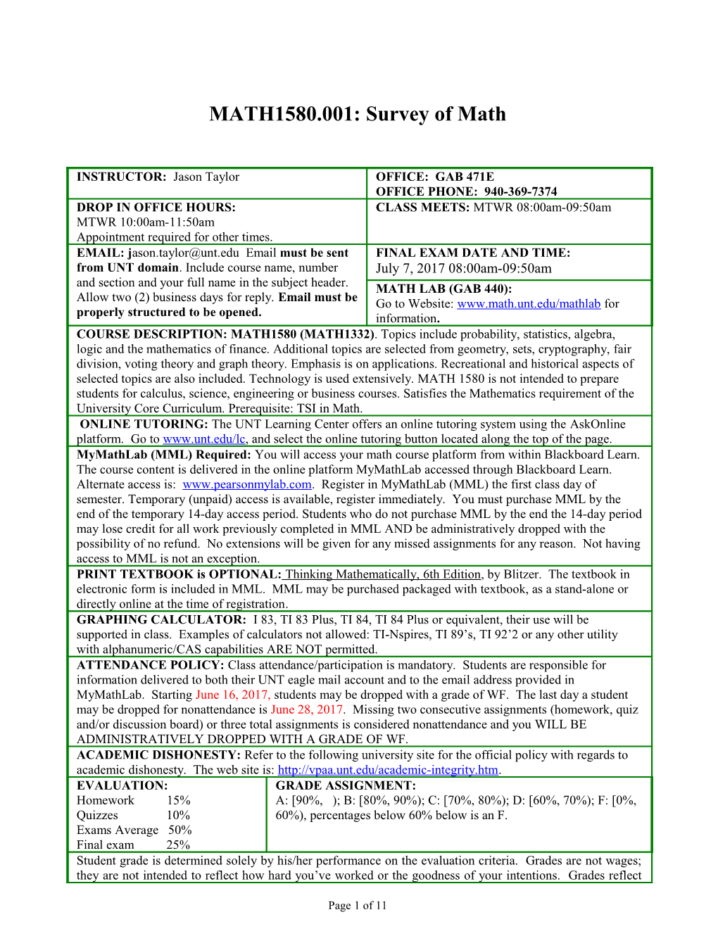 MATH1580.001: Survey of Math