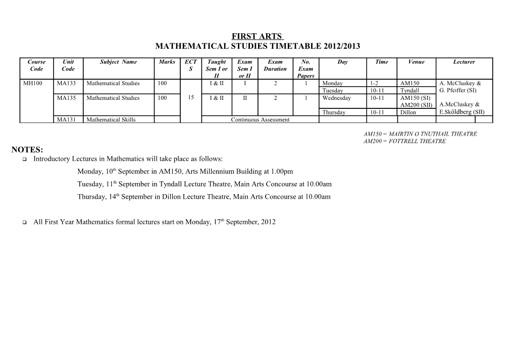 Mathematical Studies Timetable2012/2013