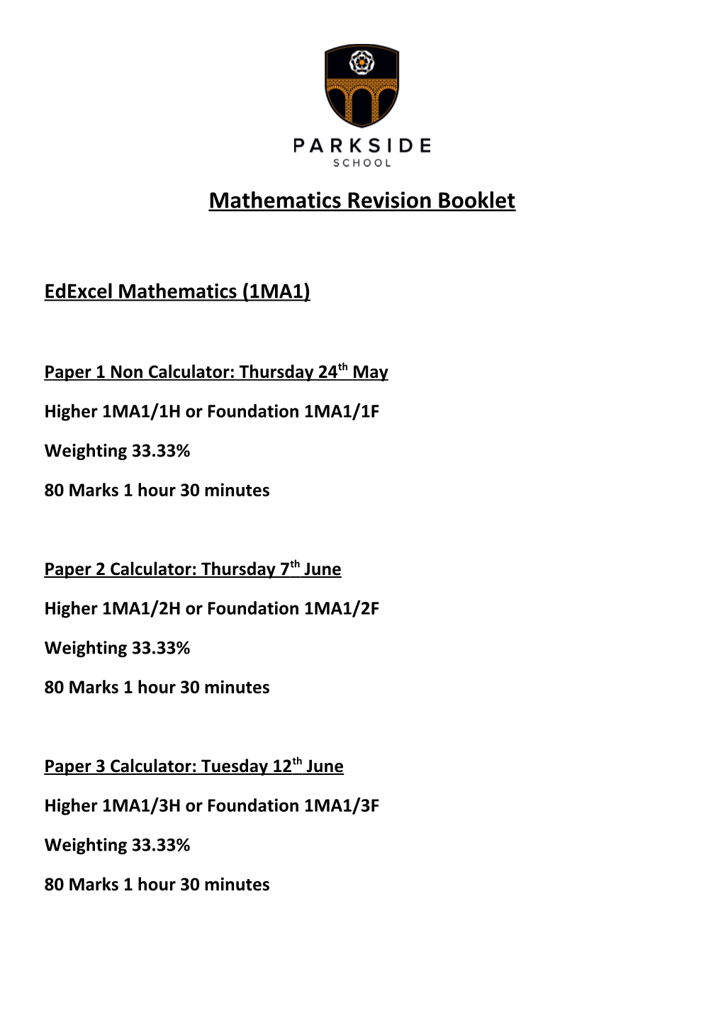 Mathematics Revision Booklet