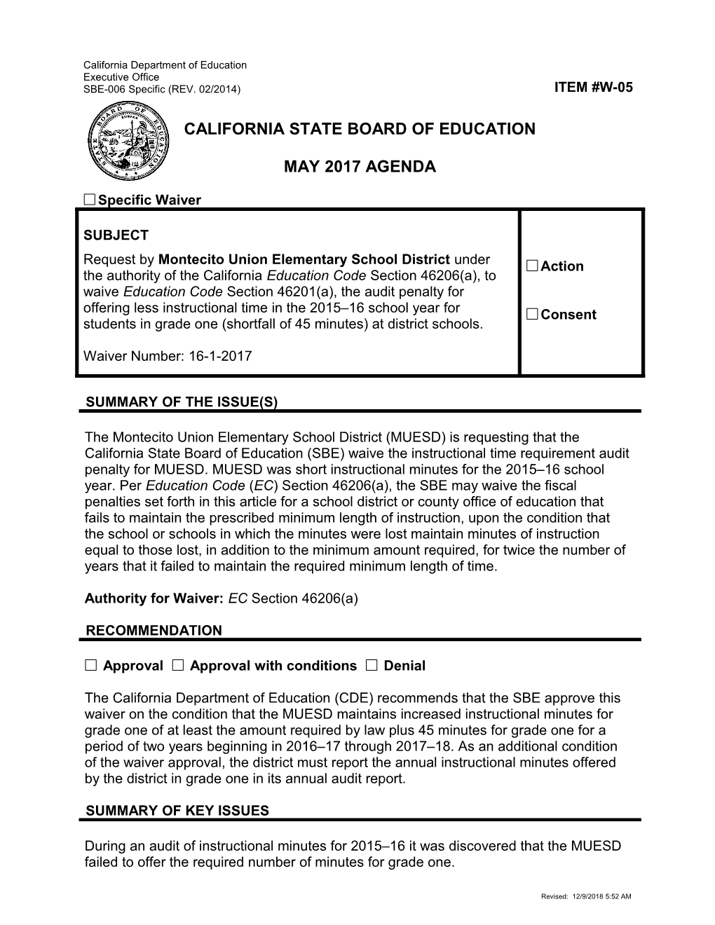 May 2017 Agenda Item W-05 - Meeting Agendas (CA State Board of Education)