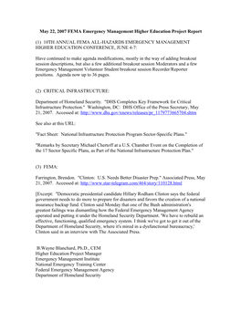 May 22, 2007 FEMA Emergency Management Higher Education Project Report