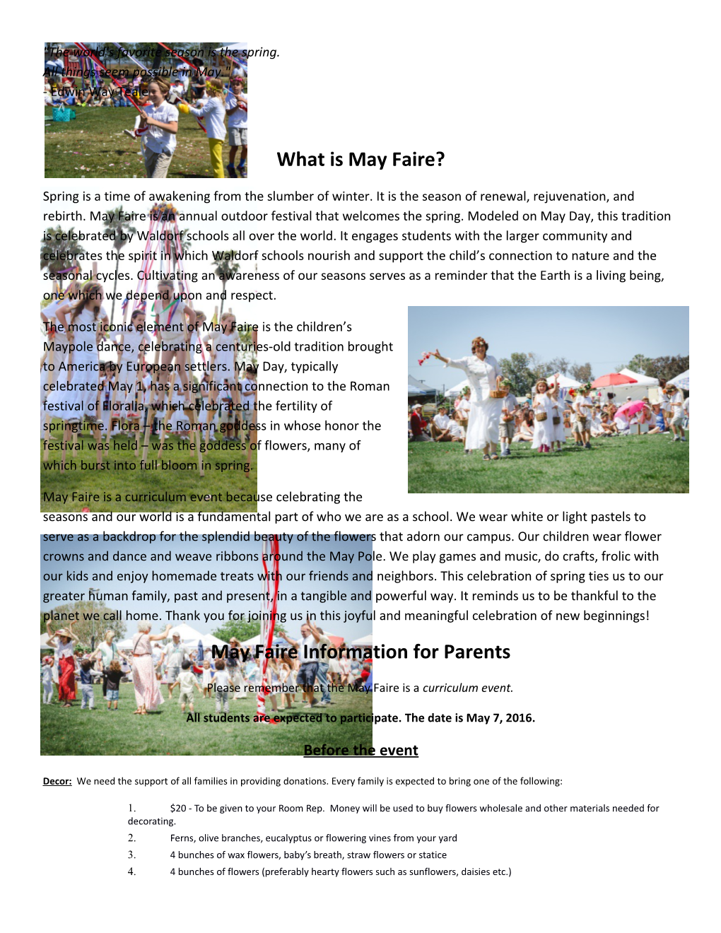 May Faire Information for Parents