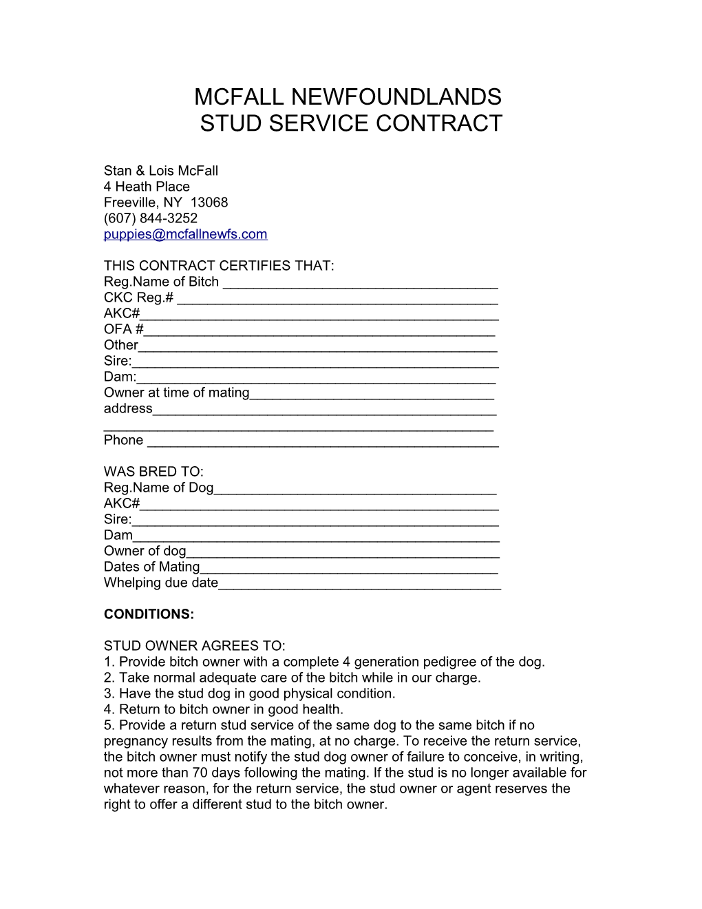 Mcfall Newfoundlands Stud Service Contract