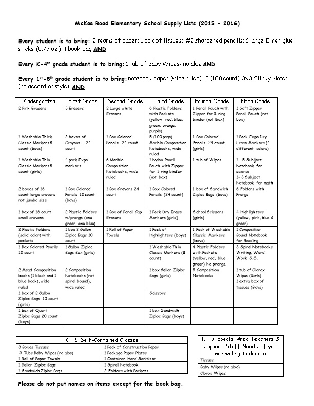 Mckee Road Elementary School Supply Lists (2015 - 2016)