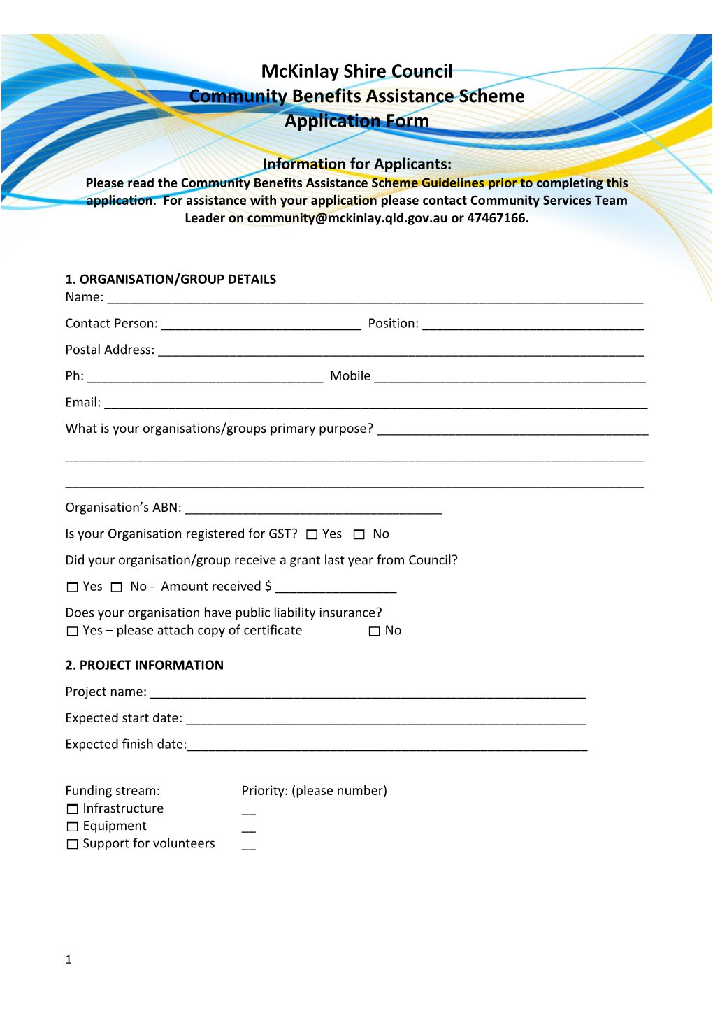 Mckinlay Shire Council Community Benefits Assistance Scheme Application Form