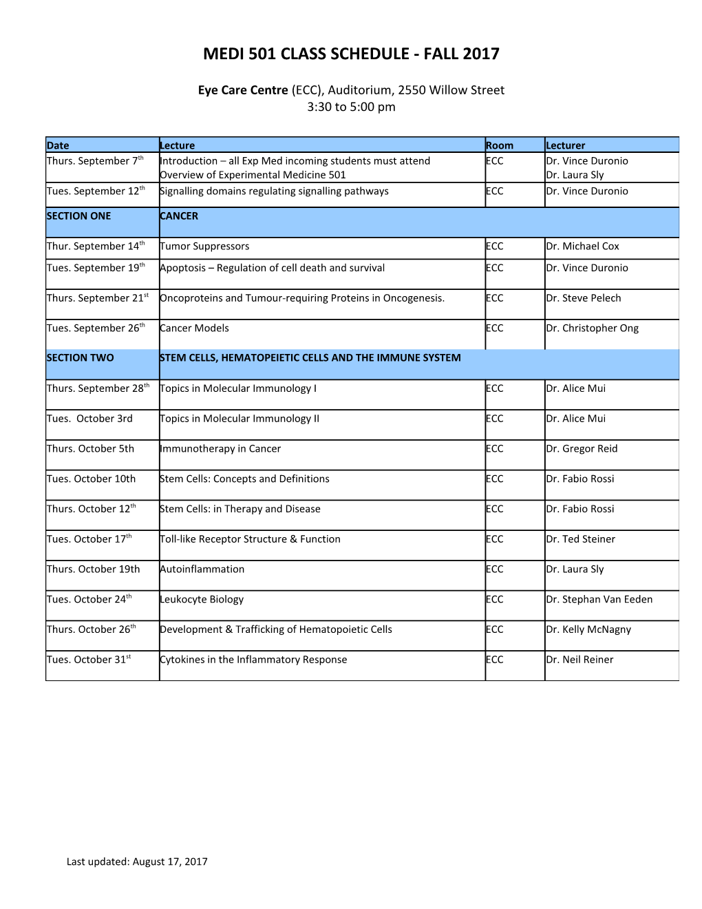 MEDI 501 Class Schedule