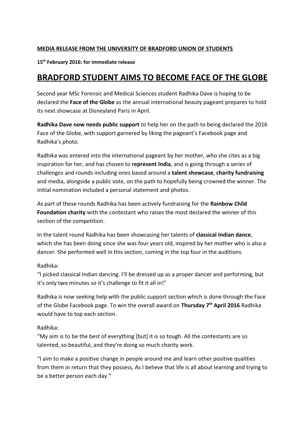 Media Release from the University of Bradford Union of Students