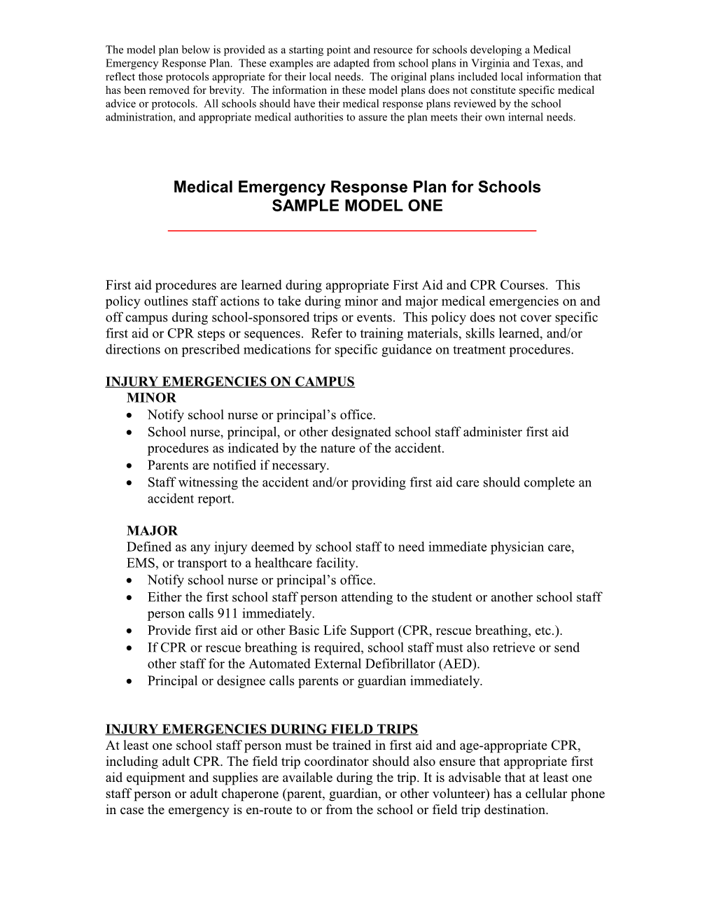 Medical Emergency Response Plan for Schools