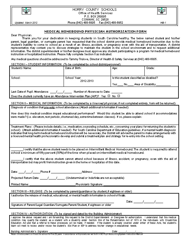 Medical Homebound Physician Authorization Form