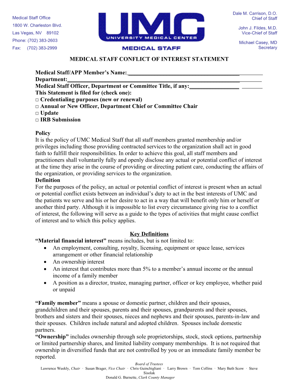 Medical Staff Conflict of Interest Statement