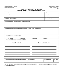 Medical Statement Form for SNP - USDA Civil Rights (CA Dept of Education)