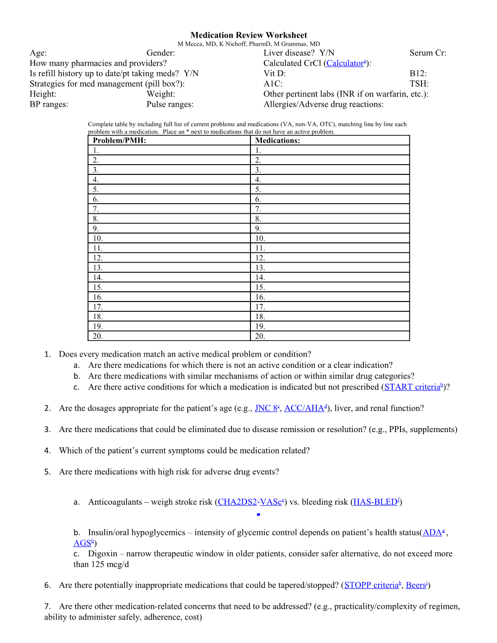 Medication Review Worksheet