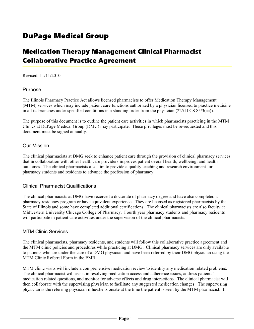 Medication Therapy Management Clinical Pharmacist Collaborative Practice Agreement