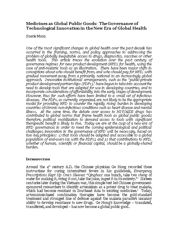 Medicines As Global Public Goods: the Governance of Technological Innovation in the New
