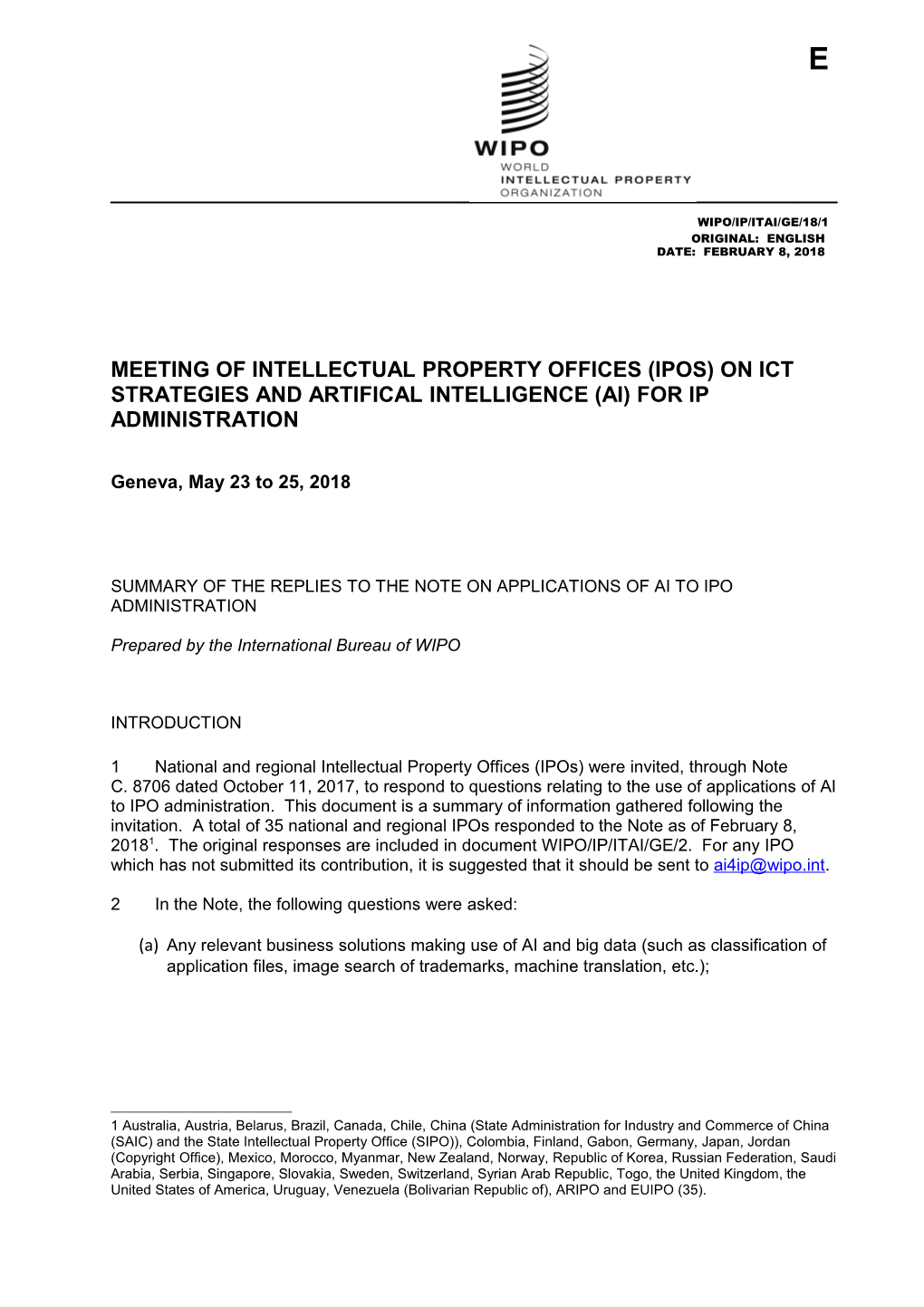 Meeting of Intellectual Property Offices (Ipos) on Ict Strategies and Artifical Intelligence
