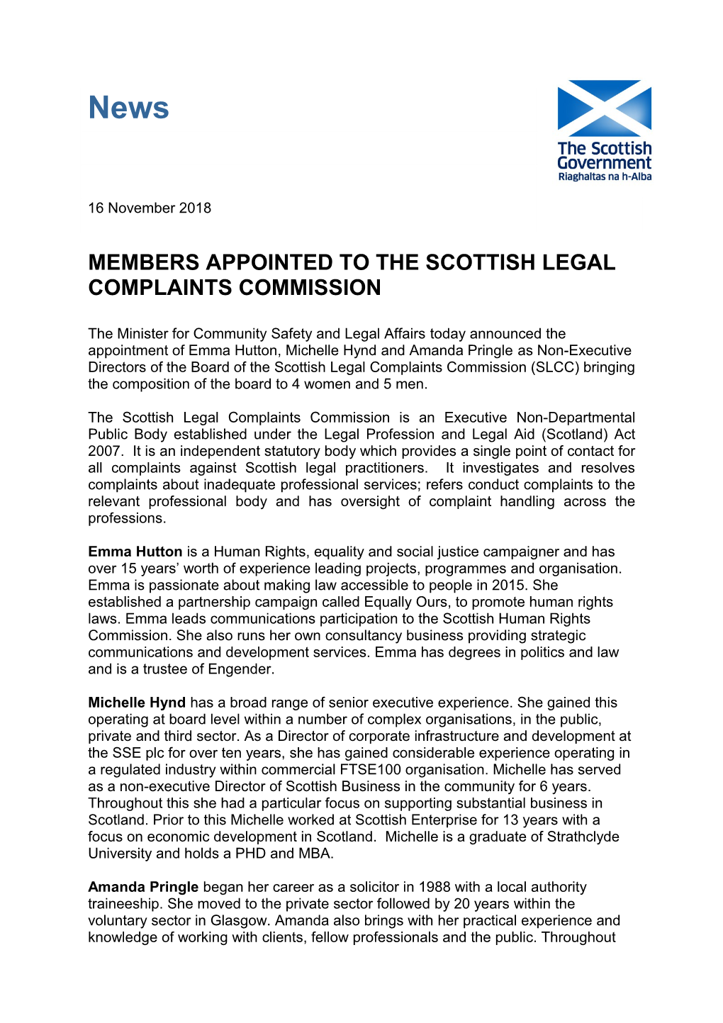 Members Appointed to the Scottish Legal Complaints Commission