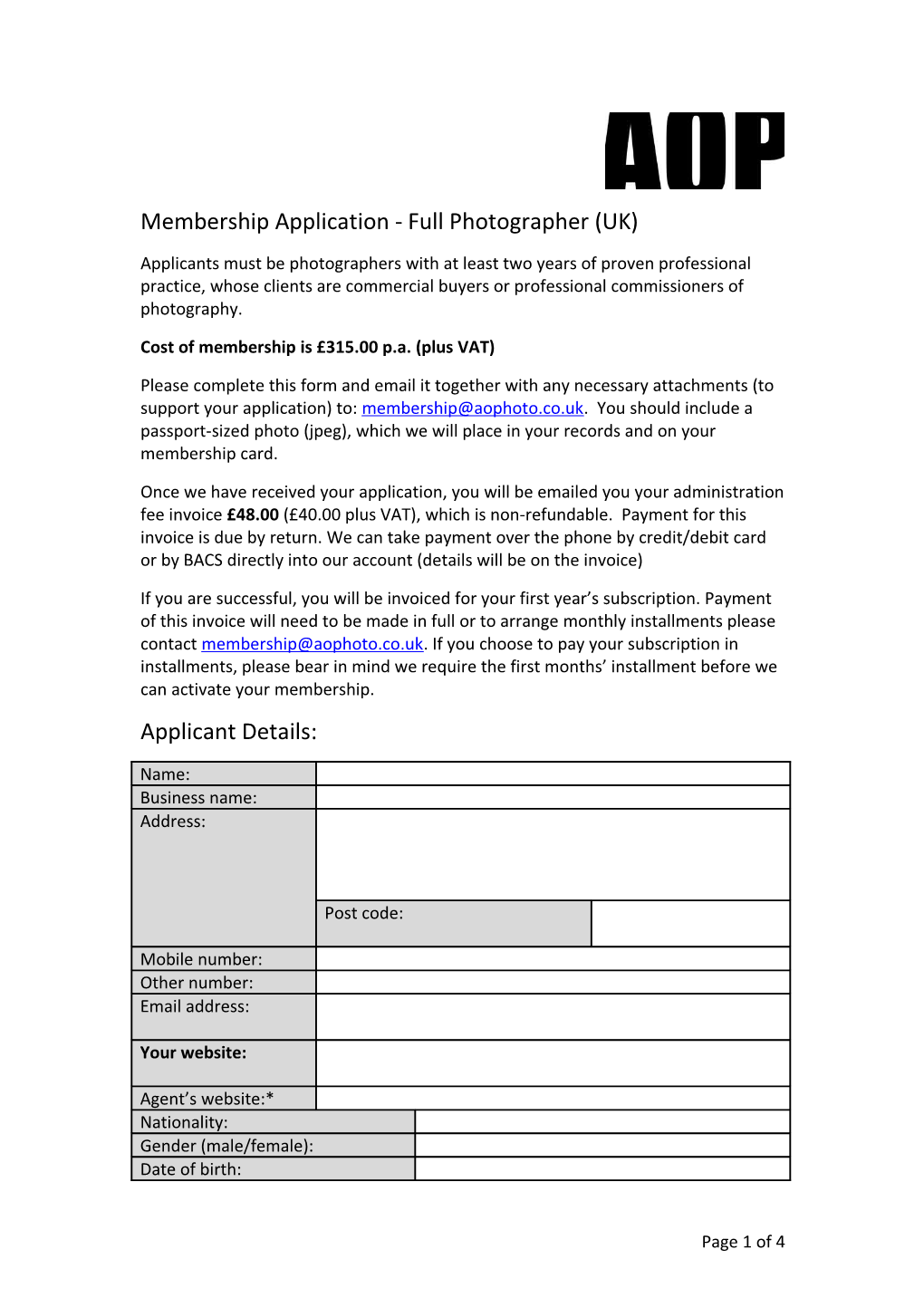 Membership Application -Full Photographer (UK)