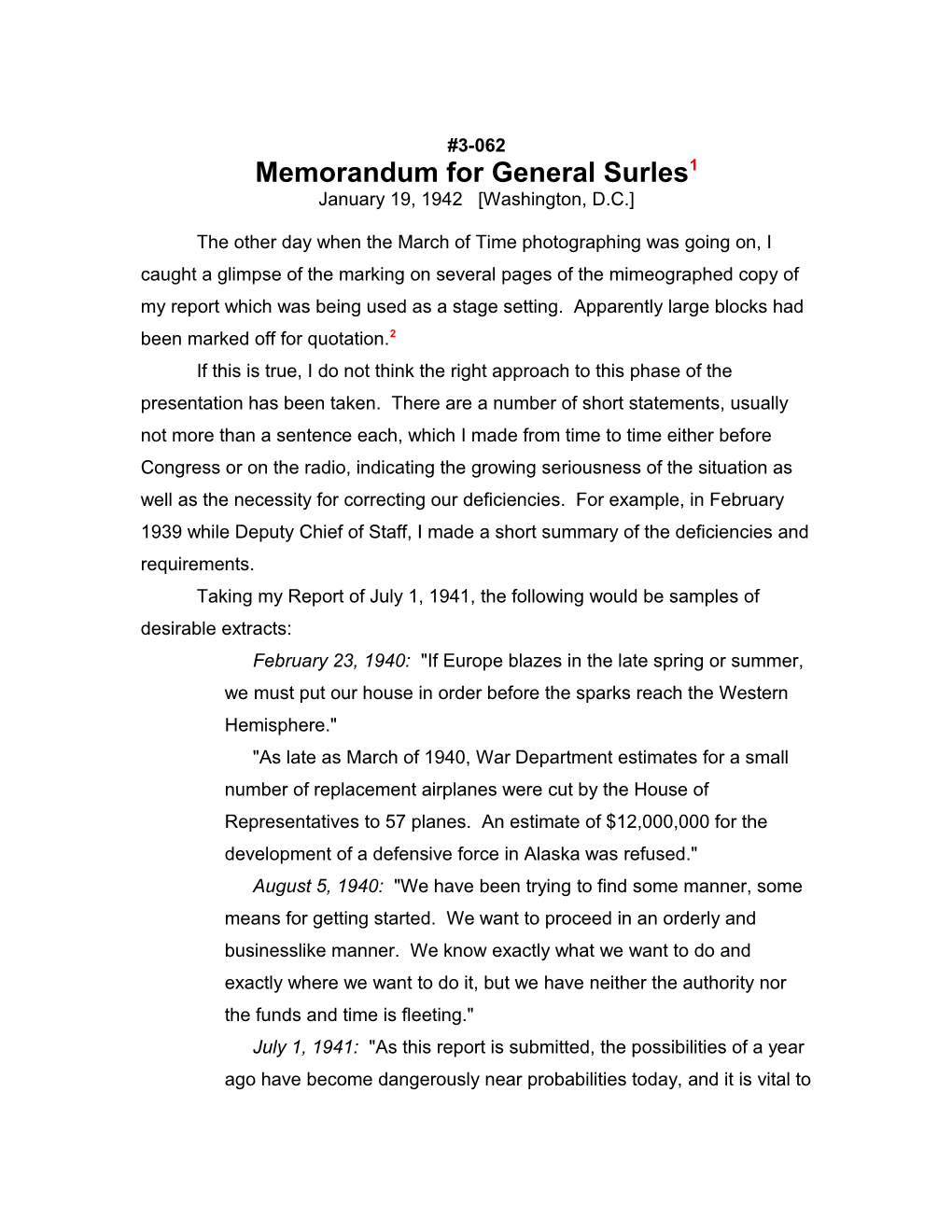 Memorandum for General Surles1