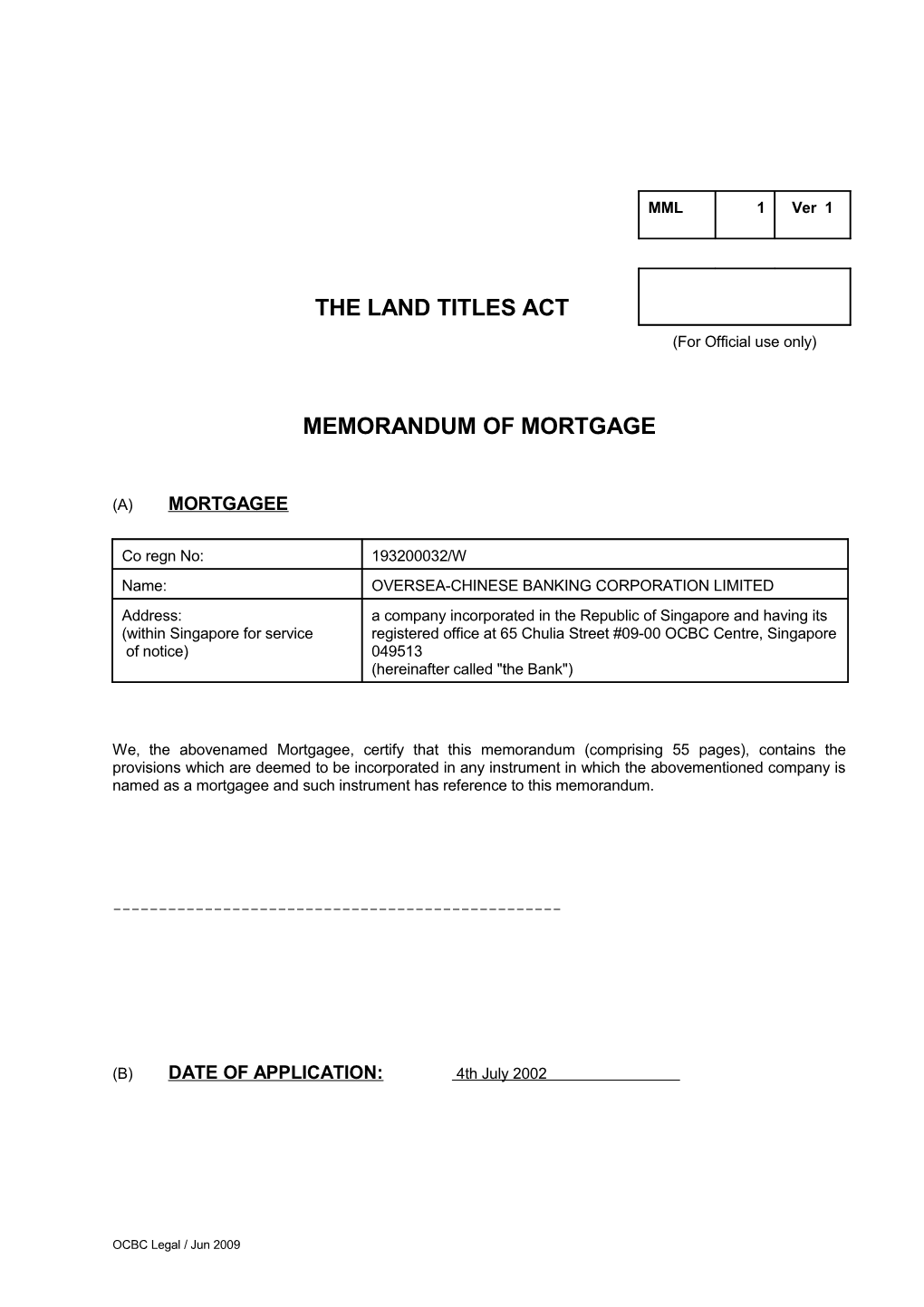 Memorandum of Mortgage