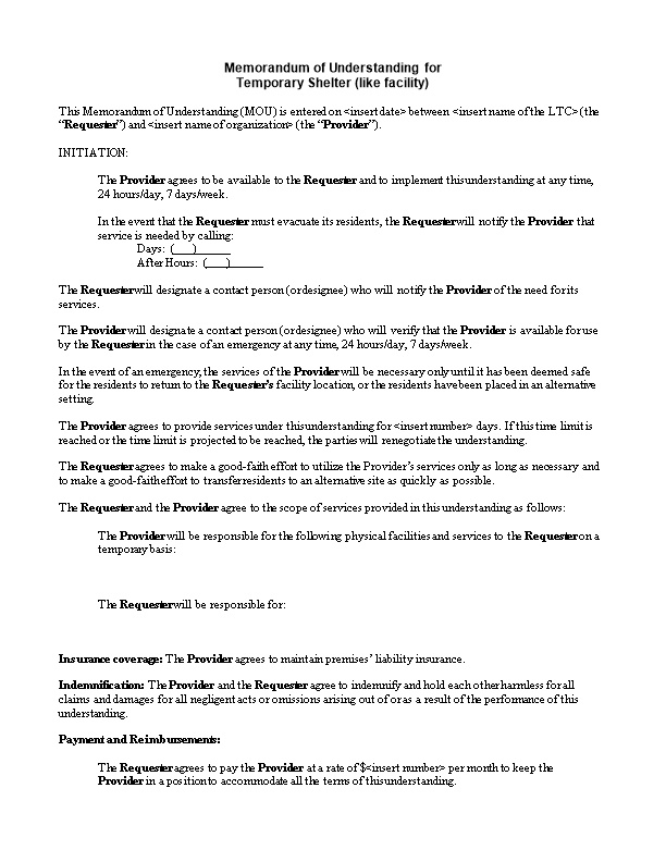 Memorandum of Understanding for Temporary Shelter, F-01330