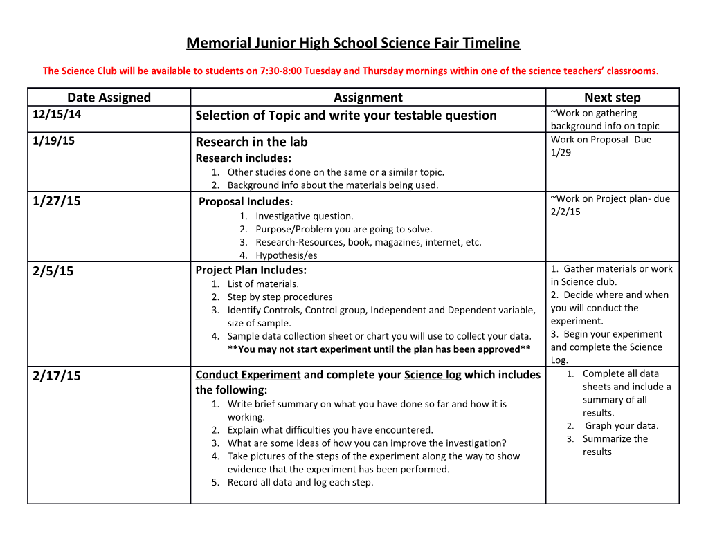 Memorial Junior High School Science Fair Timeline