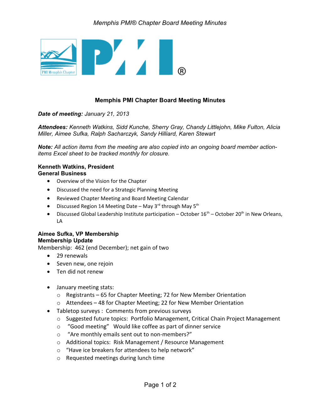 Memphis PMI Chapter Board Meeting Minutes