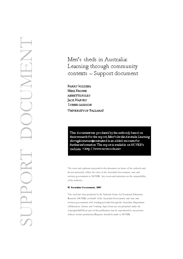 Men S Sheds in Australia: Learning Through Community Contexts Support Document