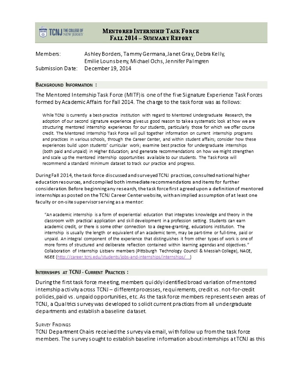 Mentored Internship Task Force Fall 2014 Summary Report