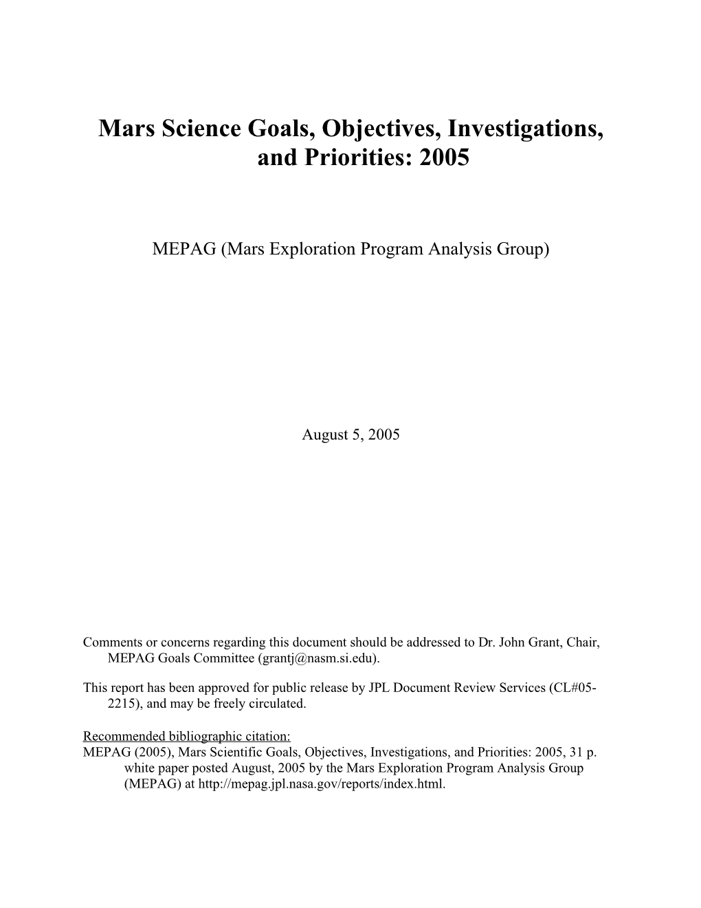 MEPAG Goals, Objectives, Investigations, and Priorities: 2005