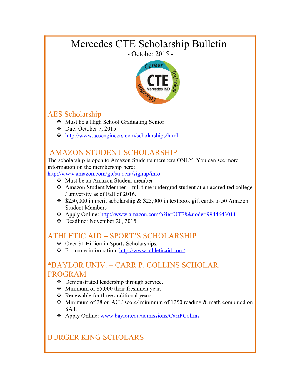 Mercedes CTE Scholarship Bulletin
